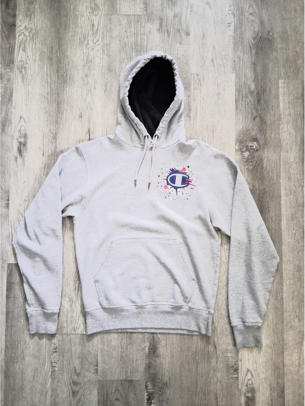 Champion Mens Small Paint Splatter Logo Gray Paint Splat Pullover Hoodie Sweater